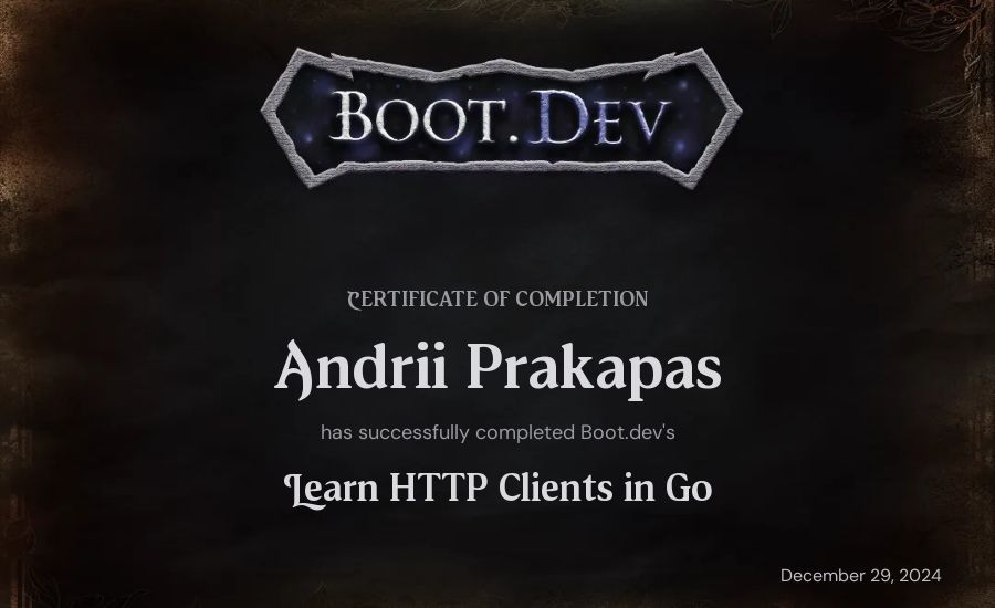 Andrii Prakapas's Boot.dev Learn HTTP Clients in Go certificate