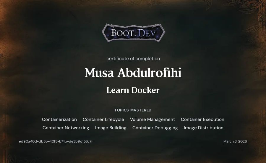 Musa Abdulrofihi's Boot.dev Learn Docker certificate