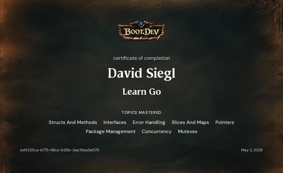 David Siegl's Boot.dev Learn Go certificate