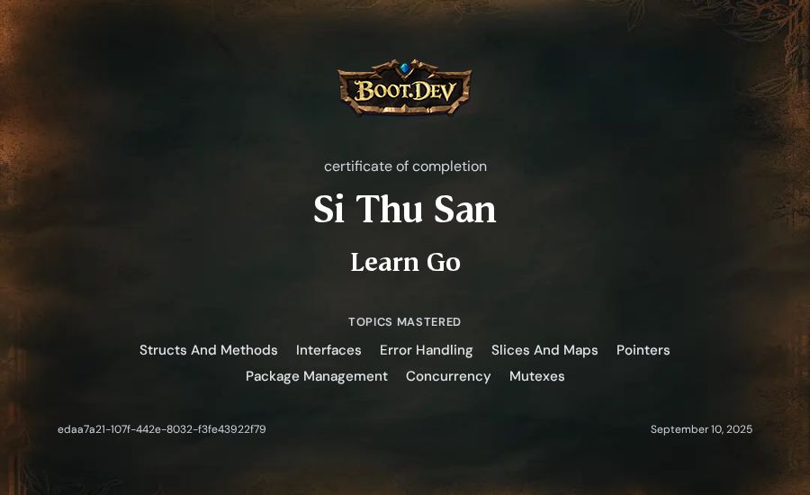 Si Thu San's Boot.dev Learn Go certificate