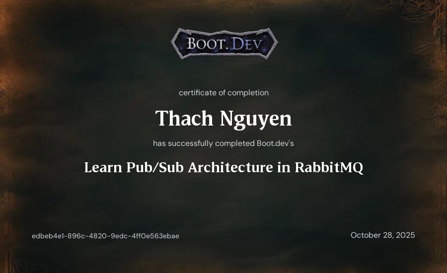 Thach Nguyen's Boot.dev Learn Pub/Sub in RabbitMQ and Go certificate
