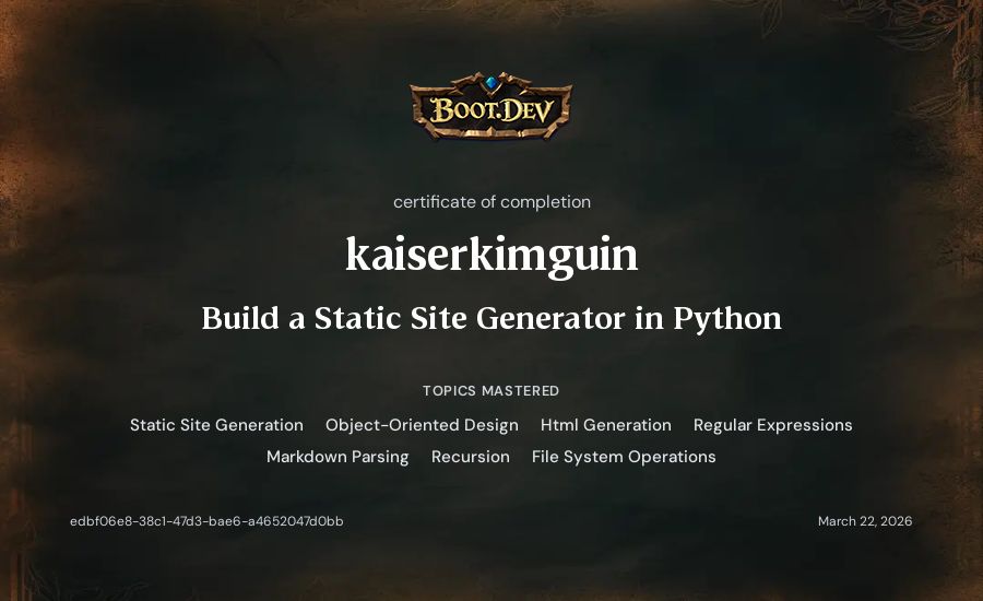 kaiserkimguin's Boot.dev Build a Static Site Generator in Python certificate
