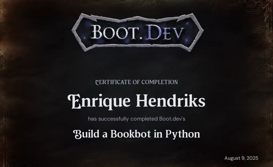 Enrique Hendriks's Boot.dev Build a BookBot in Python certificate