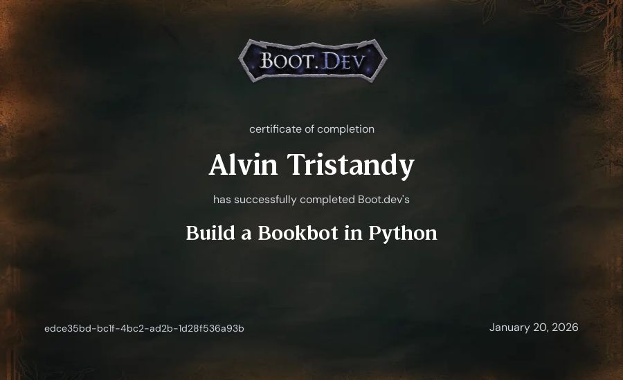 Alvin Tristandy's Boot.dev Build a BookBot in Python certificate