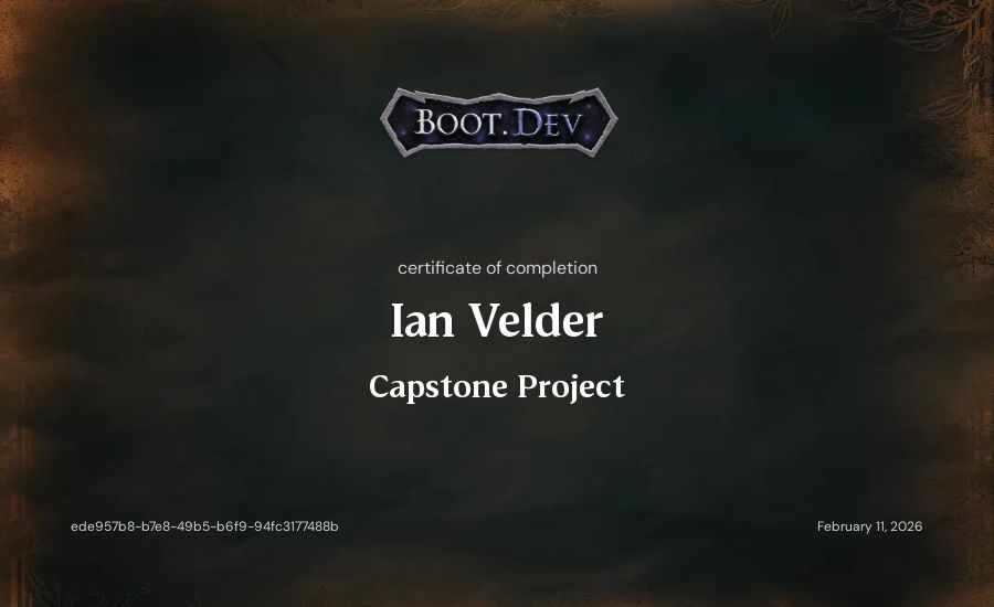 Ian Velder's Boot.dev Capstone Project certificate