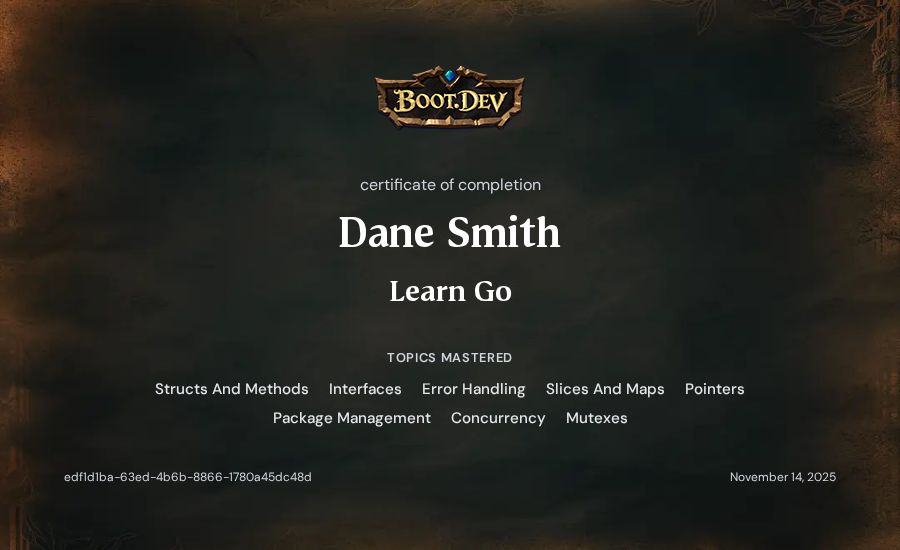 Dane Smith's Boot.dev Learn Go certificate