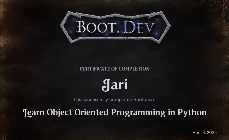 Jari's Boot.dev Learn Object Oriented Programming in Python certificate
