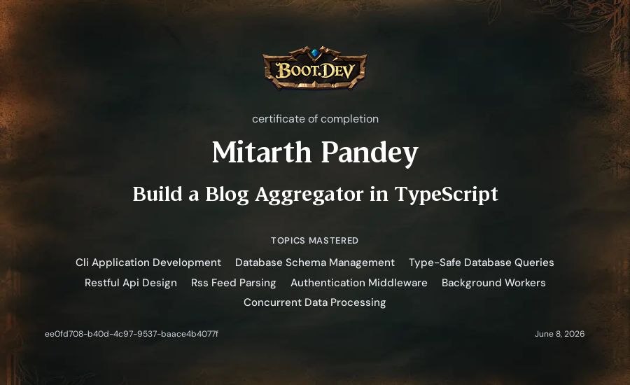 Mitarth Pandey's Boot.dev Build a Blog Aggregator in TypeScript certificate