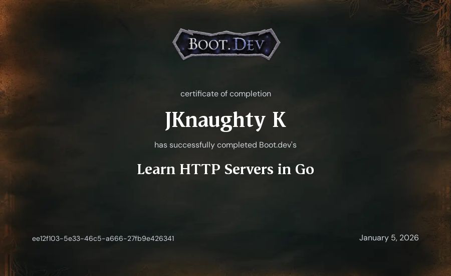 JKnaughty K's Boot.dev Learn HTTP Servers in Go certificate