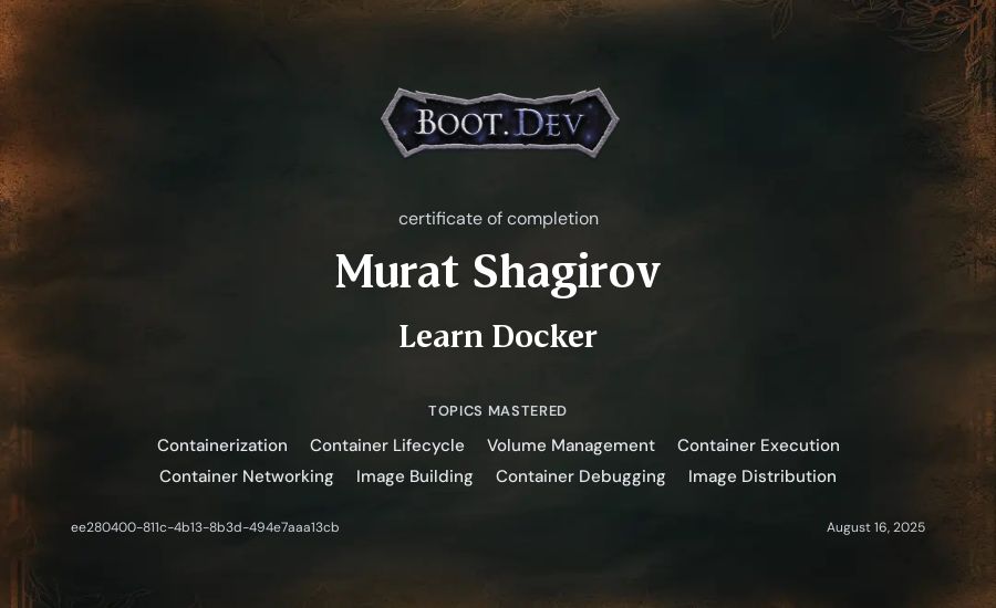 Murat Shagirov's Boot.dev Learn Docker certificate