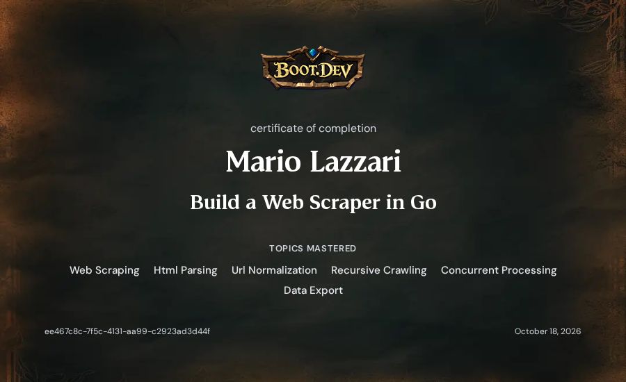 Mario Lazzari's Boot.dev Build a Web Scraper in Go certificate