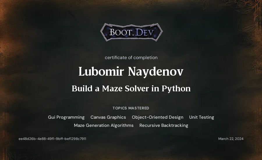 Lubomir Naydenov's Boot.dev Build a Maze Solver in Python certificate