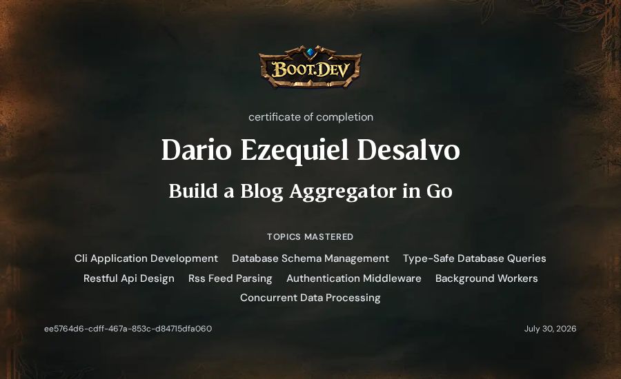 Dario Ezequiel Desalvo's Boot.dev Build a Blog Aggregator in Go certificate