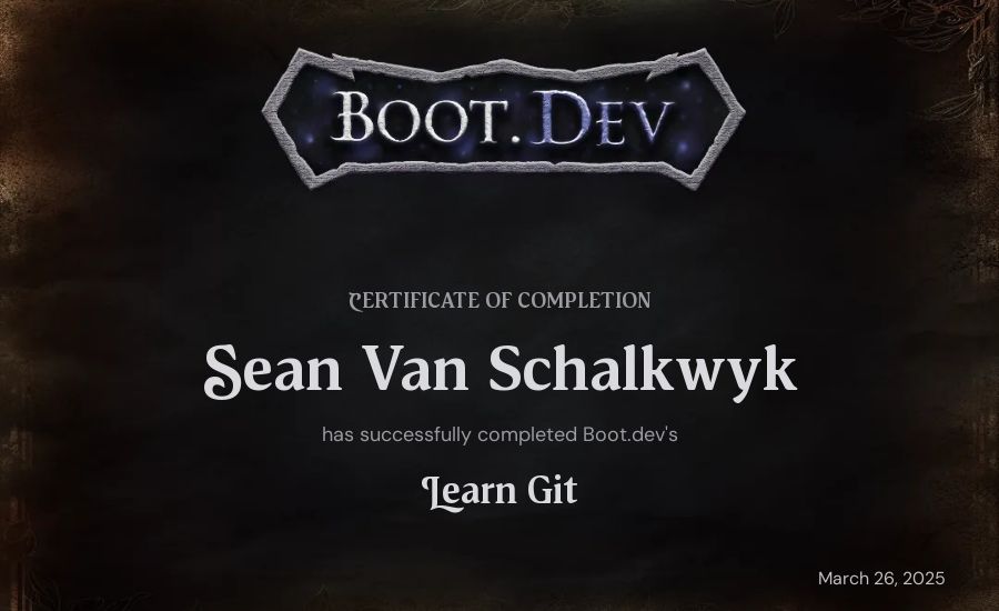 Sean Van Schalkwyk's Boot.dev Learn Git certificate
