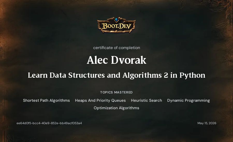 Alec Dvorak's Boot.dev Learn Data Structures and Algorithms 2 in Python certificate
