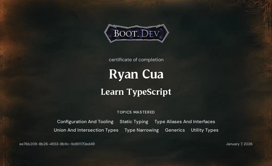Ryan Cua's Boot.dev Learn TypeScript certificate