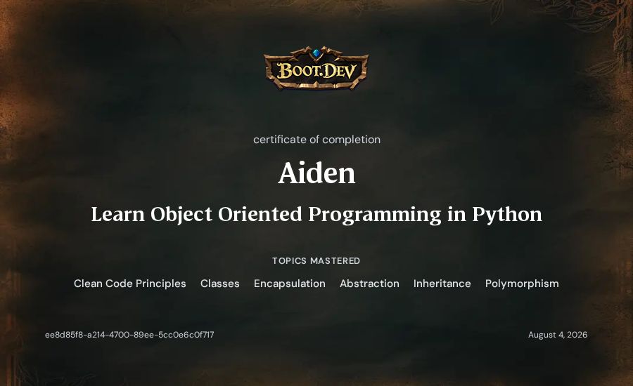Aiden's Boot.dev Learn Object Oriented Programming in Python certificate