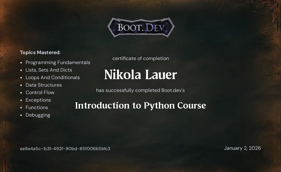Nikola Konieczna - Lauer's Boot.dev Introduction to Python Course certificate