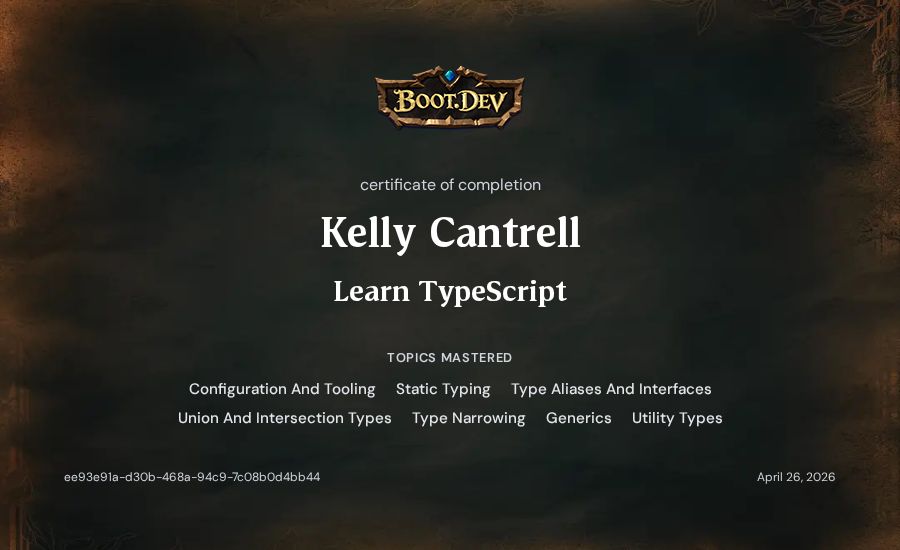 Kelly Cantrell's Boot.dev Learn TypeScript certificate