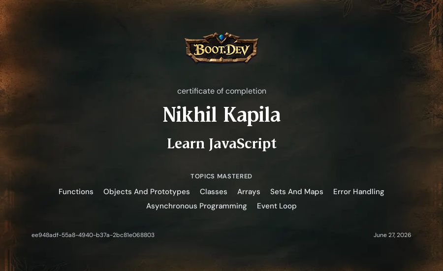 Nikhil Kapila's Boot.dev Learn JavaScript certificate