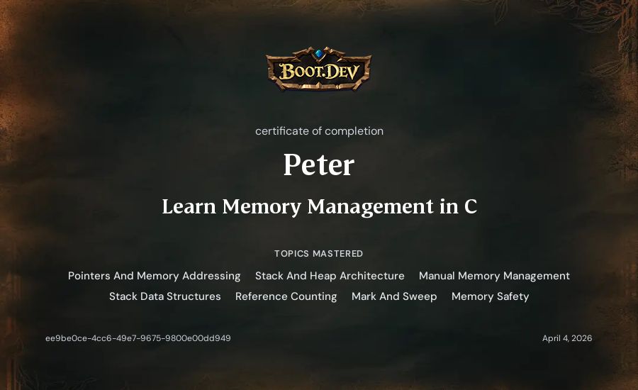 Peter's Boot.dev Learn Memory Management in C certificate