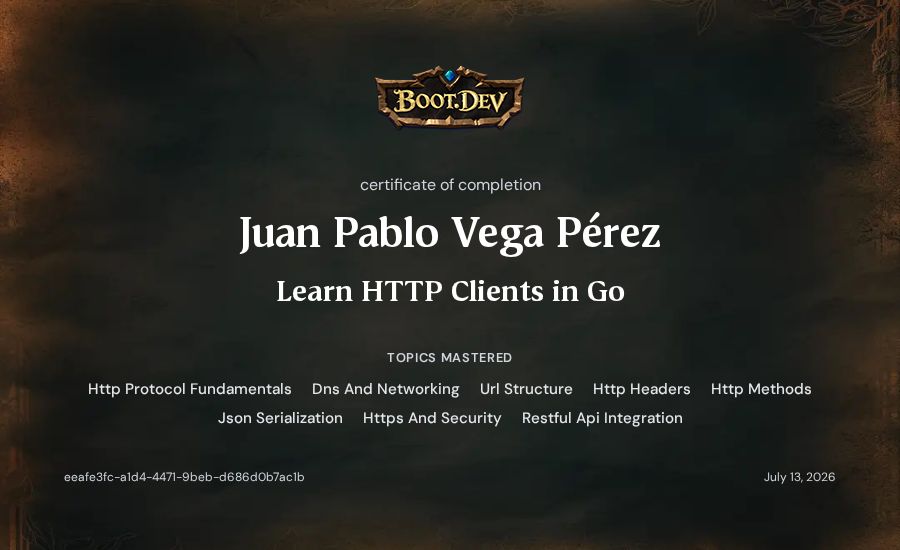 Juan Pablo Vega Pérez's Boot.dev Learn HTTP Clients in Go certificate