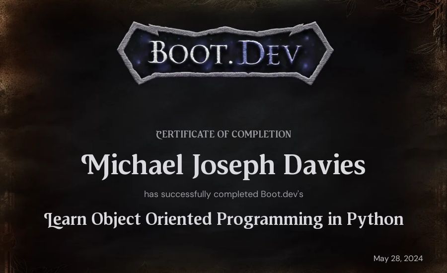 Learn Object Oriented Programming in Python Certificate - Michael ...