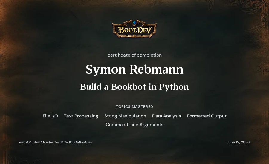 Symon Rebmann's Boot.dev Build a BookBot in Python certificate