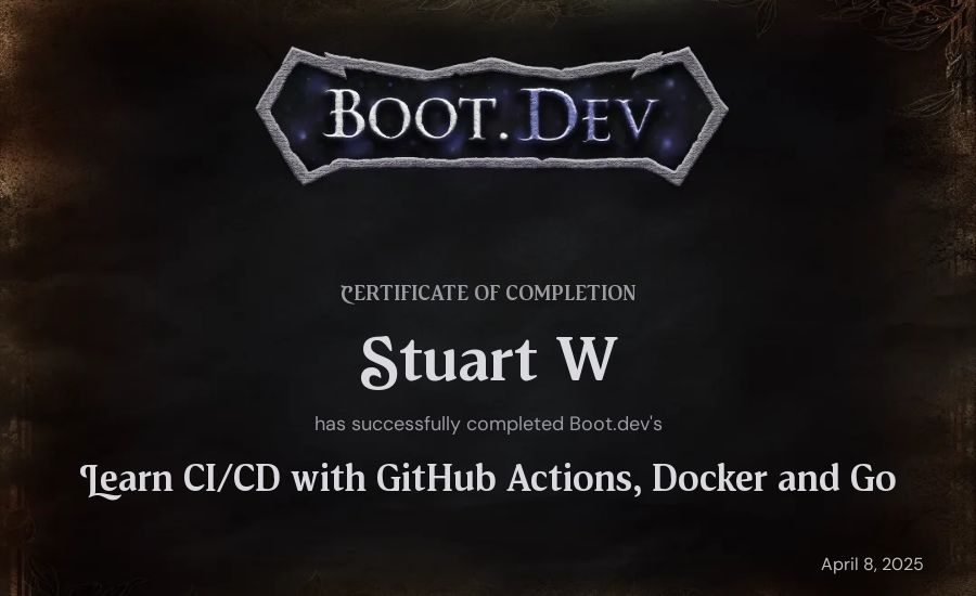 Stuart W's Boot.dev Learn CI/CD with GitHub Actions, Docker and Go certificate
