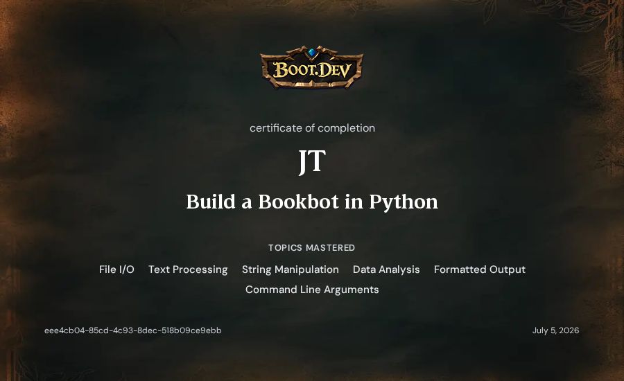 JT's Boot.dev Build a BookBot in Python certificate