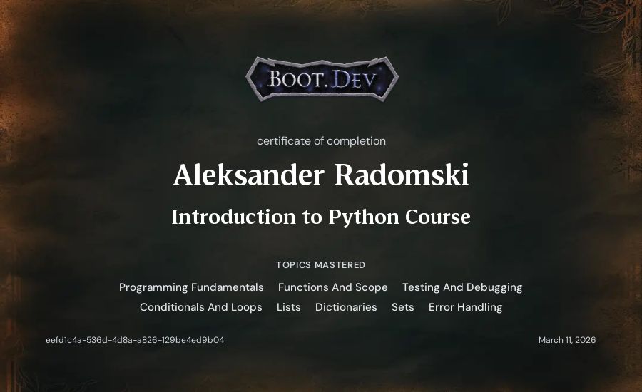 Alex's Boot.dev Introduction to Python Course certificate