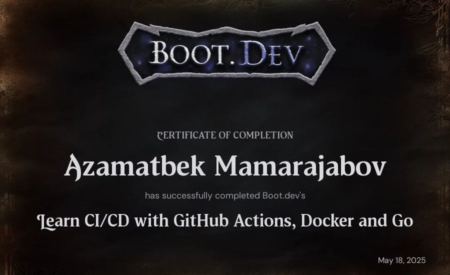 Azamatbek Mamarajabov's Boot.dev Learn CI/CD with GitHub Actions, Docker and Go certificate