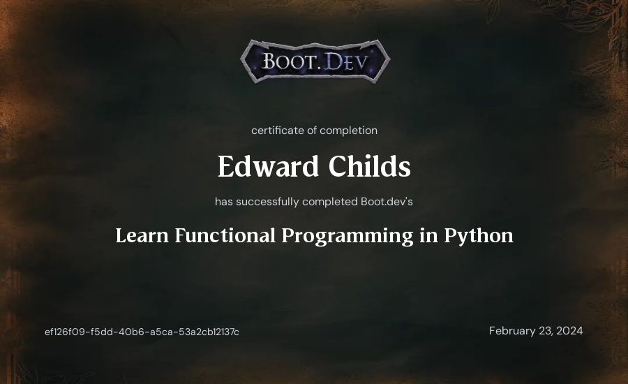Edward Childs's Boot.dev Learn Functional Programming in Python certificate