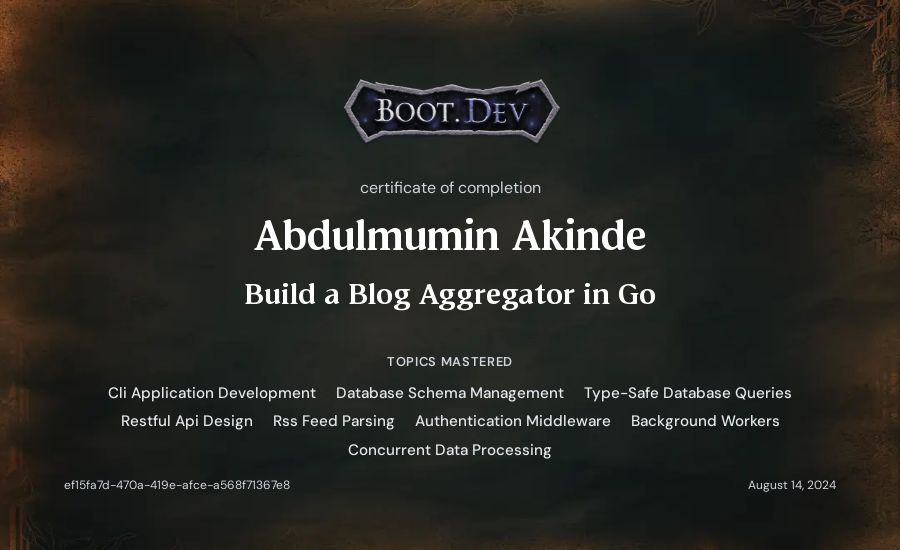 Abdulmumin Akinde's Boot.dev Build a Blog Aggregator in Go certificate
