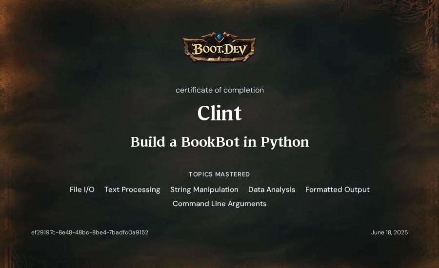 Clint's Boot.dev Build a BookBot in Python certificate