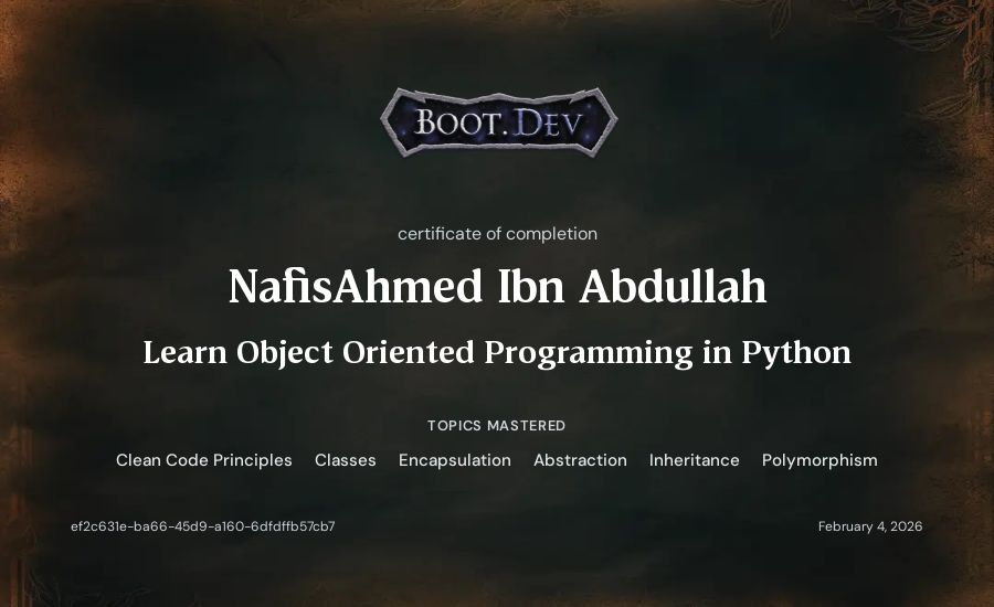 NafisAhmed Ibn Abdullah's Boot.dev Learn Object Oriented Programming in Python certificate