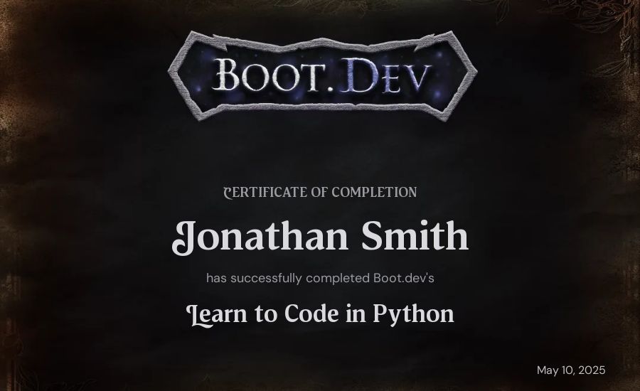 Jonathan Smith's Boot.dev Introduction to Python Course certificate