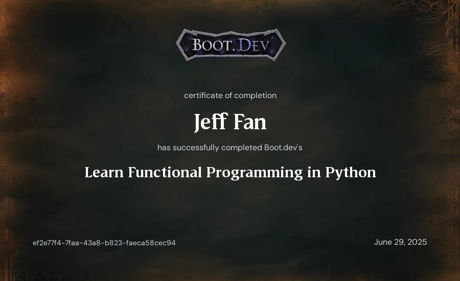 Jeff Fan's Boot.dev Learn Functional Programming in Python certificate