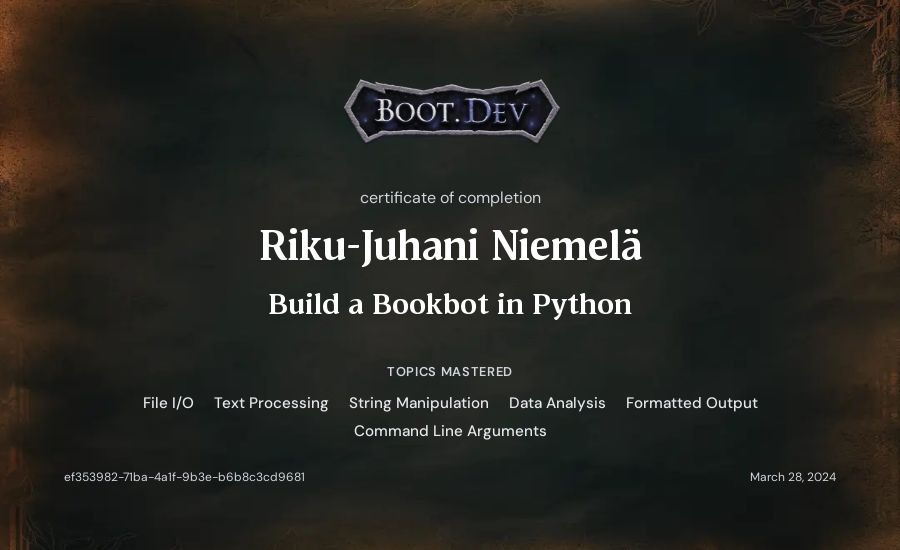 Riku-Juhani Niemelä's Boot.dev Build a BookBot in Python certificate