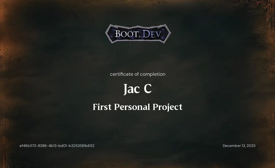 Jac C's Boot.dev First Personal Project certificate