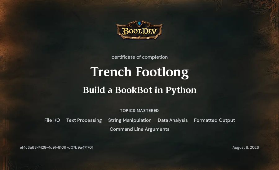Trench Footlong's Boot.dev Build a BookBot in Python certificate