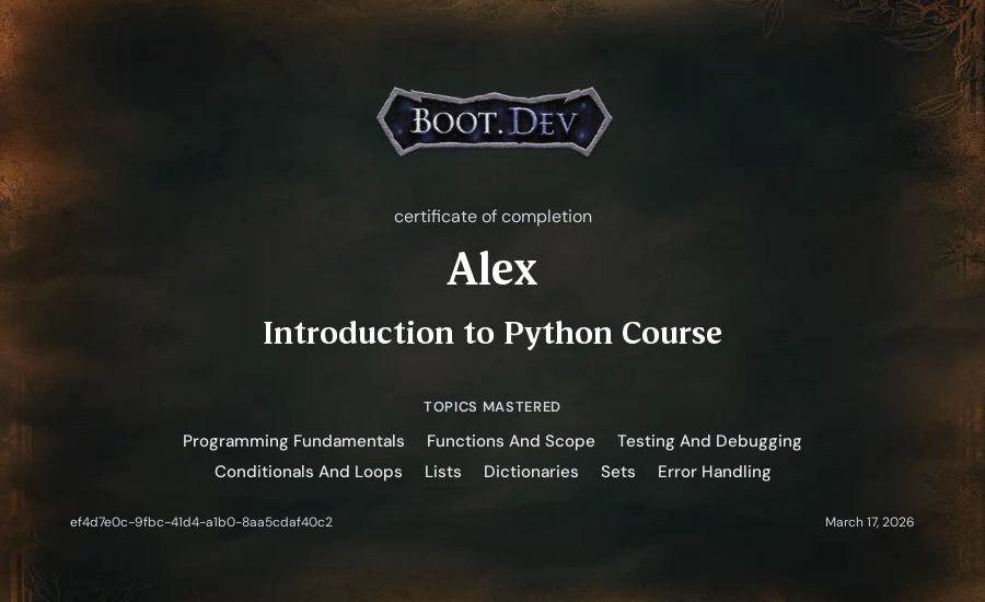 Alex's Boot.dev Introduction to Python Course certificate