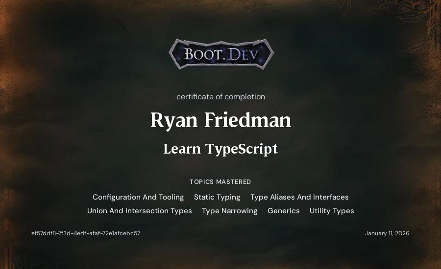 Ryan Friedman's Boot.dev Learn TypeScript certificate