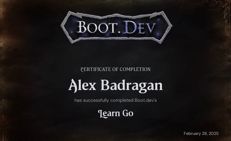 Alex Badragan's Boot.dev Learn Go certificate