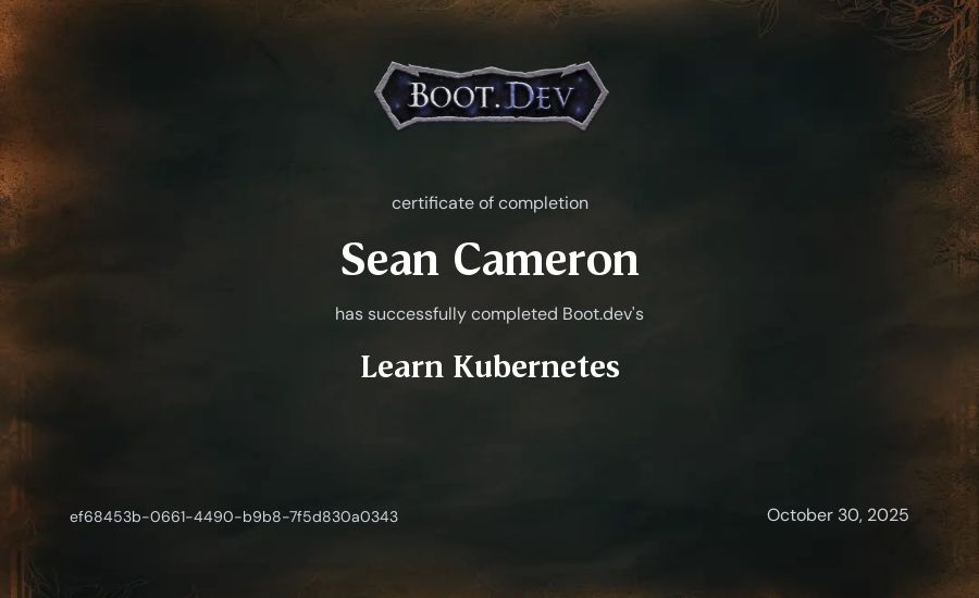 Sean Cameron's Boot.dev Learn Kubernetes certificate