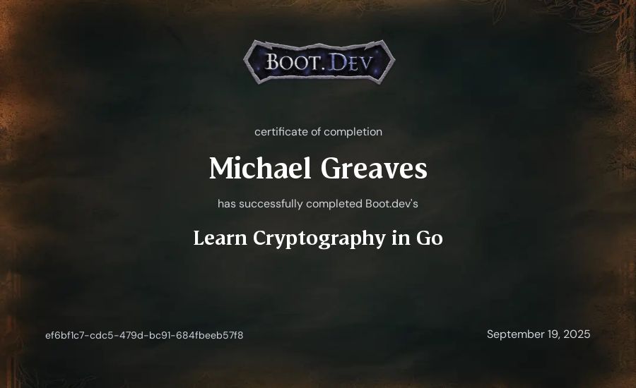 Michael Greaves's Boot.dev Learn Cryptography in Go certificate