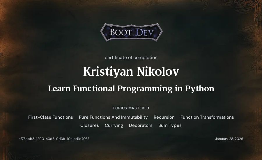 Kristiyan Nikolov's Boot.dev Learn Functional Programming in Python certificate