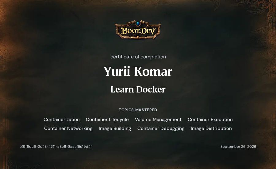 Yurii Komar's Boot.dev Learn Docker certificate