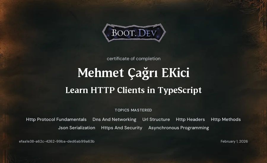 Mehmet Çağrı Ekici's Boot.dev Learn HTTP Clients in TypeScript certificate