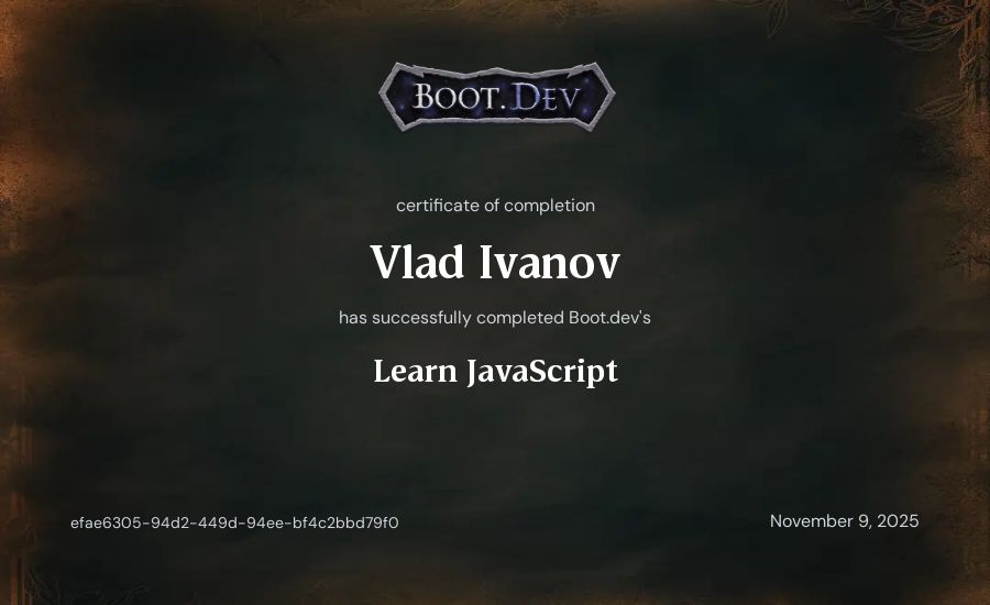 Vlad Ivanov's Boot.dev Learn JavaScript certificate